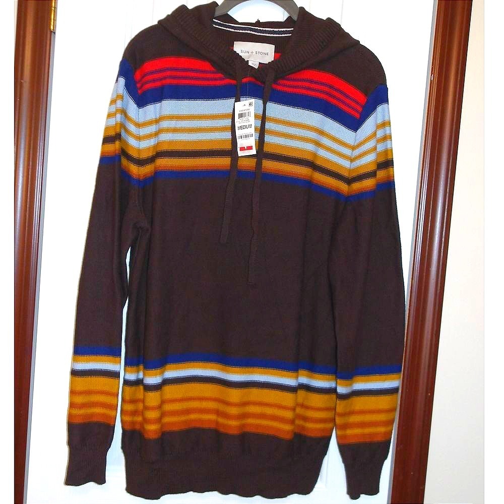 Sun + Stone Striped Hooded Sweater Brown Multi Color Pattern Pullover Medium‎